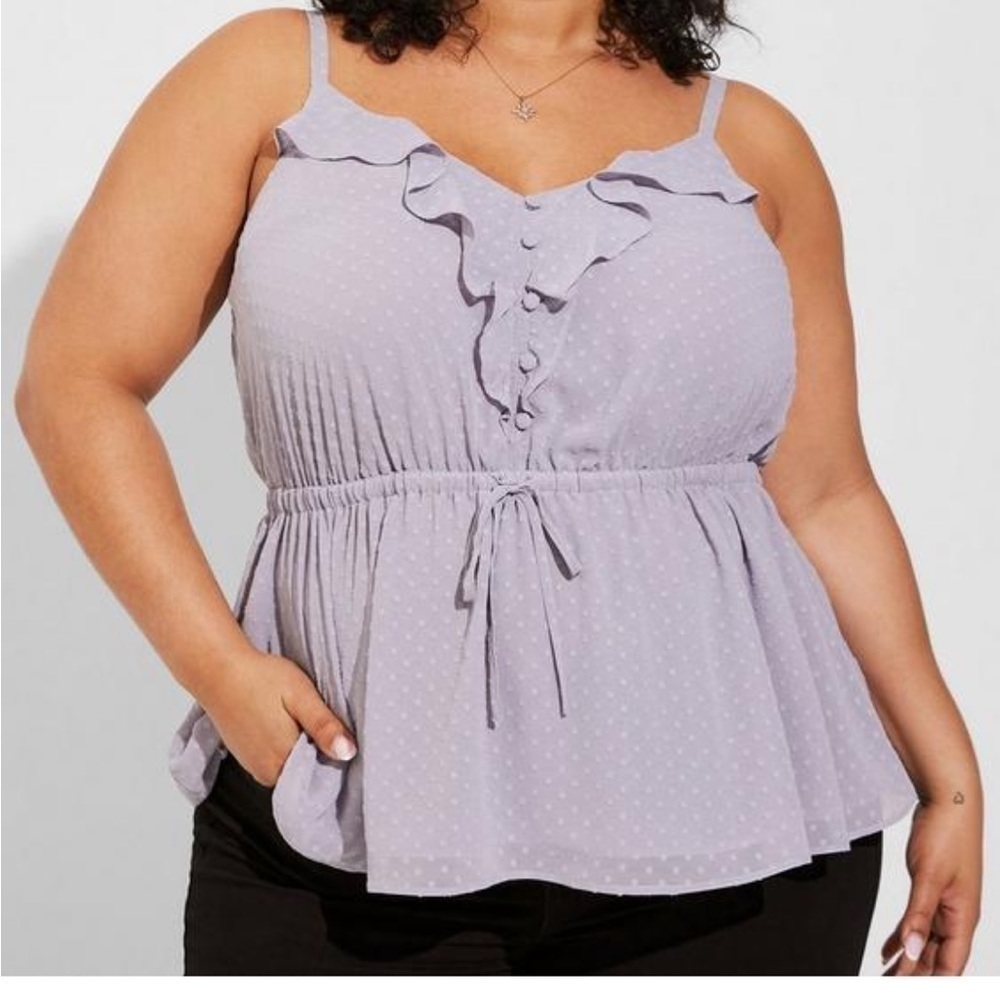 Torrid Lilac Grey Chiffon Clip Dot Ruffle Tie Waist Tank Size 3 (22/24) NWT